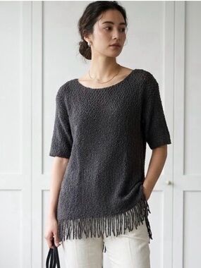 Lemon Womens Charcoal Gray Fringed Popcorn Textured Open Knit Sweater Large